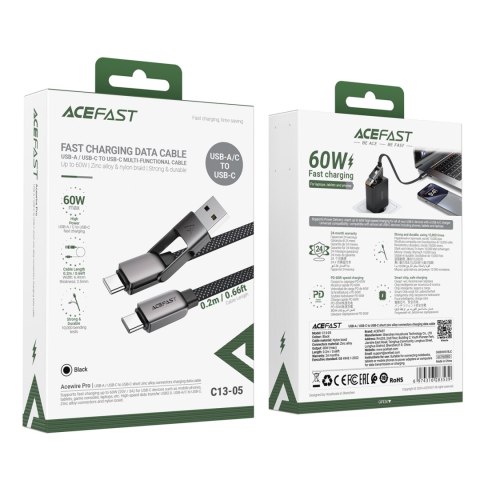 Kabel przewód USB-C - USB-A / USB-C 480Mb/s 3A 0.2m - czarny Kabel przewód USB-C - USB-A / USB-C 480Mb/s 3A 0.2m - czarny