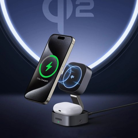 3w1 Ładowarka indukcyjna MagSafe Qi2 USB-C do telefonu słuchawek - czarna 3w1 Ładowarka indukcyjna MagSafe Qi2 USB-C do telefonu słuchawek - czarna