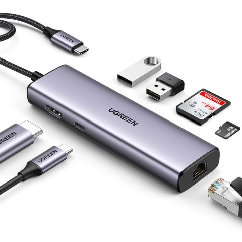 HUB Adapter USB-C - USB-A / HDMI / RJ45 / czytnik kart SD i TF / USB-C PD 100W - szary HUB Adapter USB-C - USB-A / HDMI / RJ45 / czytnik kart SD i TF / USB-C PD 100W - szary