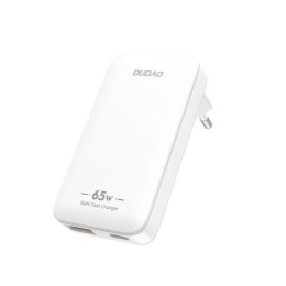 Ładowarka sieciowa podróżna ultracienka GaN 65W USB-A USB-C PD EU / US - biała