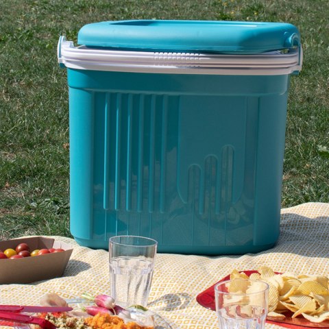 Lodówka turystyczna 20L KAMAI ICEBERG na wkłady mrożące, turkusowa z białą rączką Lodówka turystyczna 20L KAMAI ICEBERG na wkłady mrożące, turkusowa z białą rączką