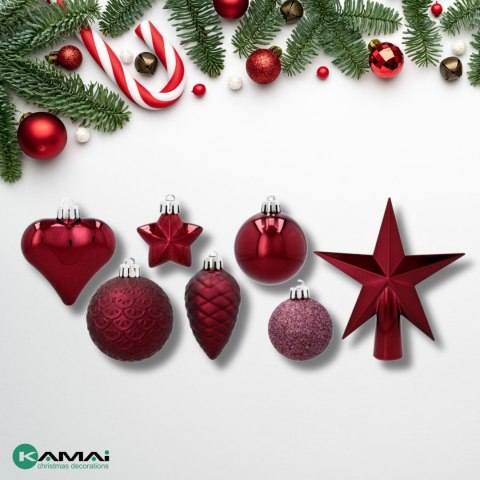 Komplet 19 Bombek Choinkowych Kamai Christmas Decoration® - Kolor Burgund z Gwiazdą na Czubek Komplet 19 Bombek Choinkowych Kamai Christmas Decoration® - Kolor Burgund z Gwiazdą na Czubek