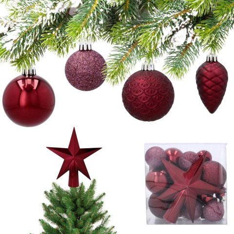 Komplet 19 Bombek Choinkowych Kamai Christmas Decoration® - Kolor Burgund z Gwiazdą na Czubek Komplet 19 Bombek Choinkowych Kamai Christmas Decoration® - Kolor Burgund z Gwiazdą na Czubek