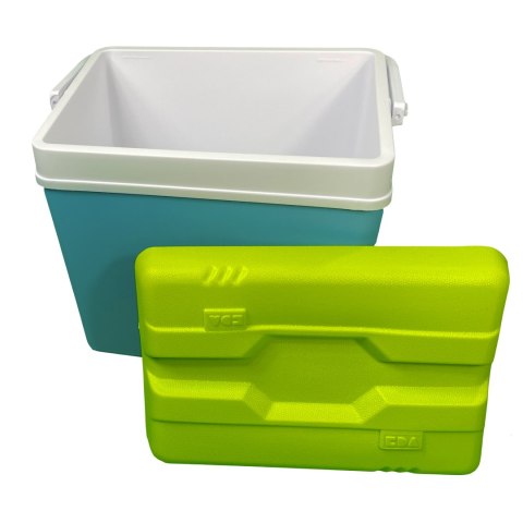 Lodówka turystyczna 24L KAMAI EDA na wkłady mrożące, turkusowa z białą rączką i zieloną pokrywą Lodówka turystyczna 24L KAMAI EDA na wkłady mrożące, turkusowa z białą rączką i zieloną pokrywą