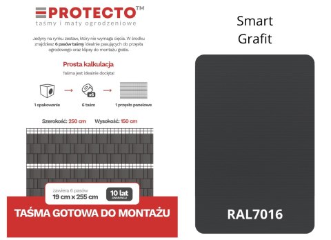 Taśma ogrodzeniowa PASKI 6 x 2,55mb SMART 19cm PROTECTO™ GRAFIT + 12 klipsów GRATIS Taśma ogrodzeniowa PASKI 6 x 2,55mb SMART 19cm PROTECTO™ GRAFIT + 12 klipsów GRATIS