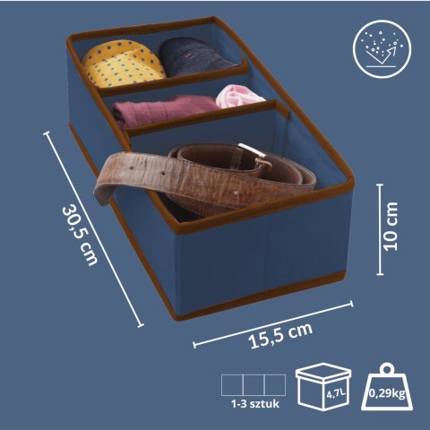 BLUE niebieski organizer do szuflady 3 przegrody 30,5x15,5x10cm BLUE niebieski organizer do szuflady 3 przegrody 30,5x15,5x10cm