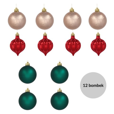 Zestaw 12 bombek choinkowych 6cm - zielone, złote, czerwone, w tubie Zestaw 12 bombek choinkowych 6cm - zielone, złote, czerwone, w tubie